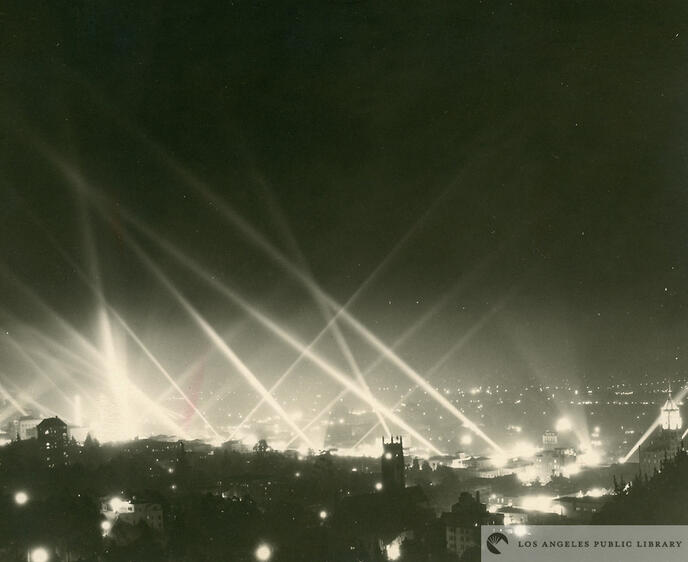 Searchlights illuminating LA